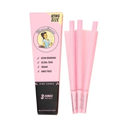 Embalagem rosa e preta de cones King Size da Blazy Susan com 3 cones rosa ao lado
