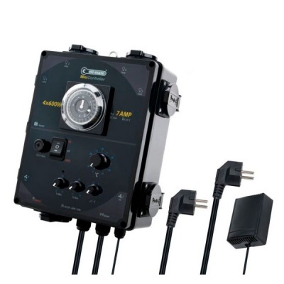 Controlador de aquário preto com mostrador circular e cabos