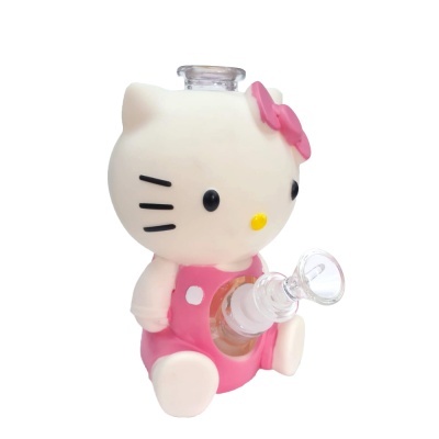 Bong de vidro em forma de gato branco com laço rosa e roupa rosa.