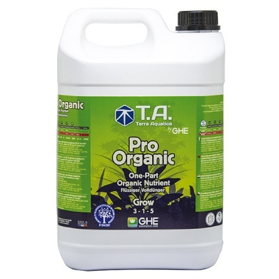 Recipiente branco de fertilizante líquido orgânico com rótulo verde e texto T.A. Pro Organic Grow 3-1-5.