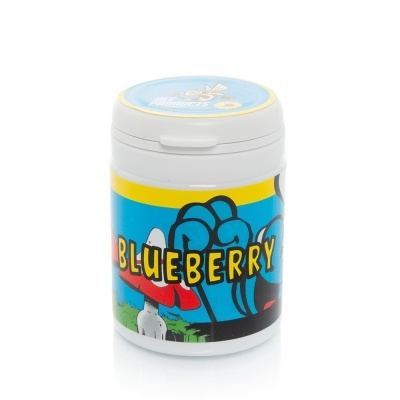Frasco com rótulo colorido com texto BLUEBERRY e desenhos