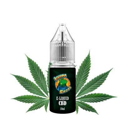 Frasco de e-líquido CBD com rótulo preto e folhas de cannabis ao fundo