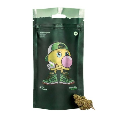 Saco preto com ilustração e texto Bubble gum e flor CBD
