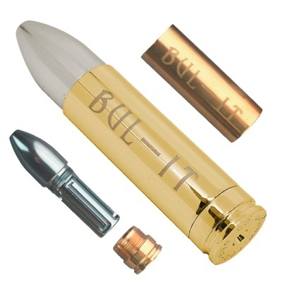 Estojo metálico dourado em forma de bala com gravação BUL-IT e peças desmontadas ao lado