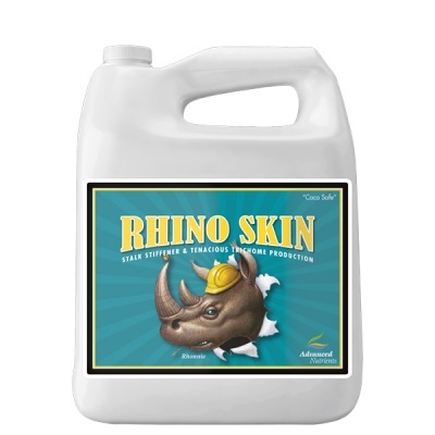 Frasco branco com etiqueta azul e amarela Rhino Skin com rinoceronte