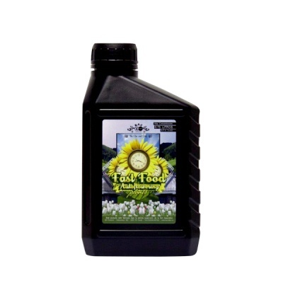 Frasco preto com etiqueta colorida de girassol e texto Fast Food Auto flowering plants