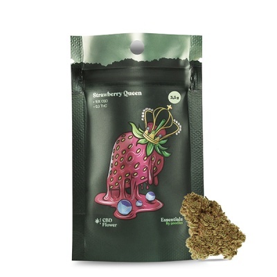 Pacote preto com morango ilustrado e flor de cannabis ao lado