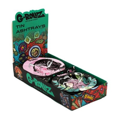 Expositor de cinzeiros de lata G-Rollz com ilustrações coloridas de mulheres fumando, embalagens decoradas