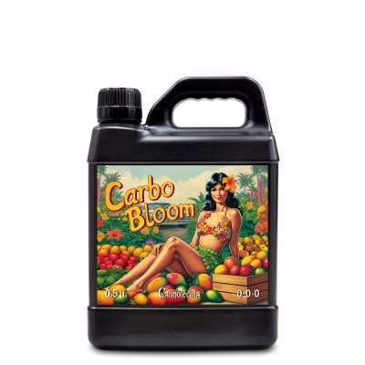 Embalagem preta com rótulo colorido Carbo Bloom e ilustração de mulher com flores e frutas