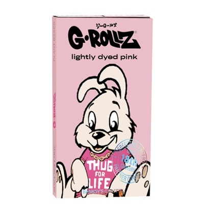 Embalagem rosa de papel para enrolar com ilustração de coelho branco e texto G-ROLLZ