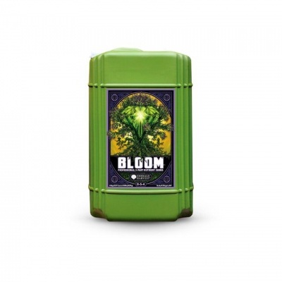 Recipiente verde com rótulo preto e texto 'BLOOM'.