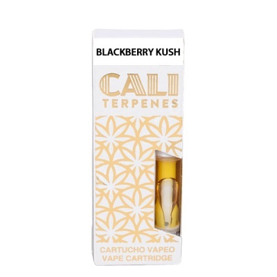 Cartucho de vape CALI Terpenes Blackberry Kush em embalagem branca com padrão amarelo