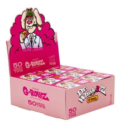 Caixa rosa com ilustração de coelho e texto G-ROLLZ 50 MEGA TIPS