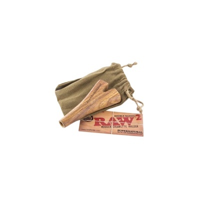 Funil de madeira, saco de tecido castanho e pacote RAW 2 Rolling Papers.