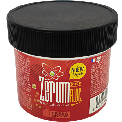 Frasco de produto com tampa preta e etiqueta vermelha com texto Zerum Stick Bloc e Fresa Silvestre