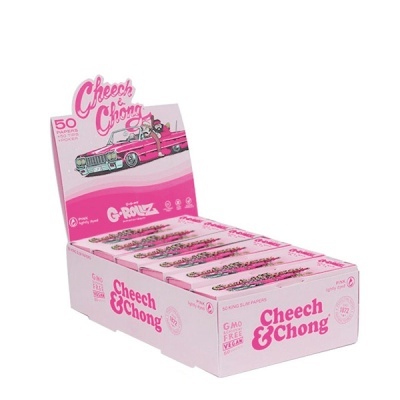 Caixa expositora rosa de papel de seda Cheech & Chong com design de carro clássico e 50 folhas.
