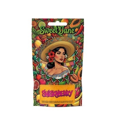 Embalagem vibrante com mulher de chapéu e frutas tropicais para produto Sweet Jane Shiskaberry.