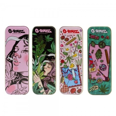 Quatro caixas metálicas G-ROLLZ Amsterdam com ilustrações coloridas e temas relacionados a tabaco
