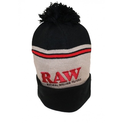 gorro de malha cinzento, preto e vermelho com texto RAW