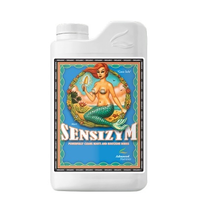 Frasco branco com rótulo azul e imagem de sereia ruiva, marca Sensizym, texto sobre limpeza de raízes.