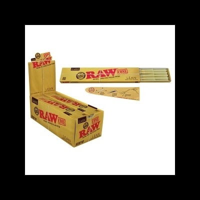 Caixa e embalagem individual de cones RAW em cartão castanho claro com texto vermelho e preto