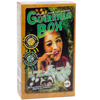 Embalagem de fertilizante orgânico para plantas Guerrilla Box com imagem de mulher e texto explicativo