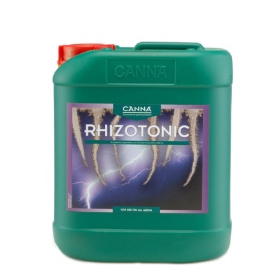 Recipiente plástico verde CANNA Rhizotonic com rótulo de raízes e relâmpagos