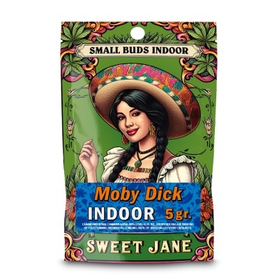 Pacote colorido com desenho de mulher e texto Moby Dick Indoor 5 gr.