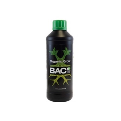Frasco preto de BAC Organic Grow com tampa verde e design de raízes verdes.