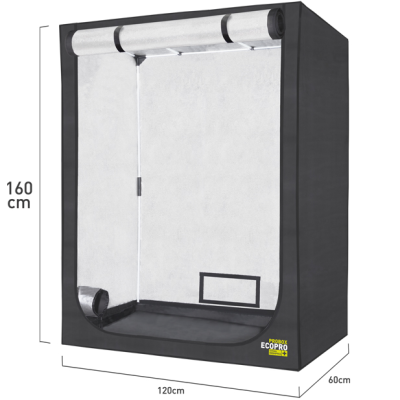 Tenda de cultivo PROBOX ECOPRO preta com interior prateado e fecho retangular.