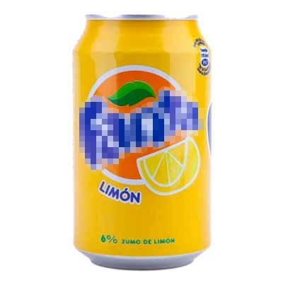 Lata amarela de refrigerante sabor limão com texto e imagem de limão
