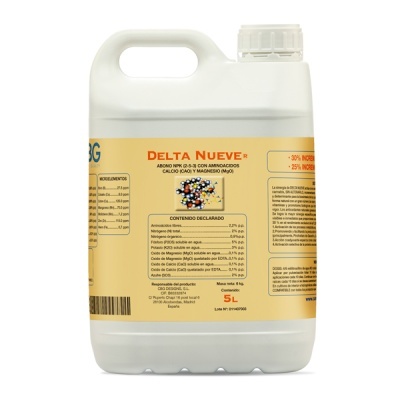 Recipiente branco de fertilizante DELTA NUEVE R com etiqueta amarela