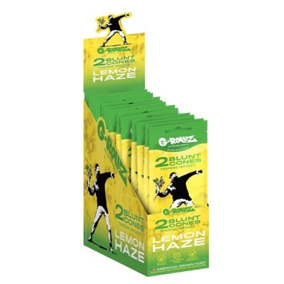 Caixa de apresentação com 10 pacotes de cones de blunt G-ROLLZ verde e amarelo