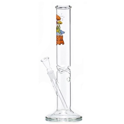Bong de vidro transparente com decoração de cogumelos e texto laranja