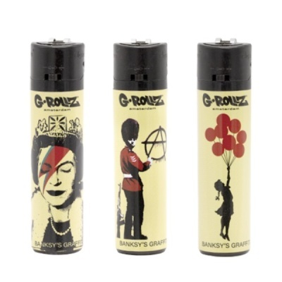 Três isqueiros G-Rollz com arte Banksy em fundo amarelo