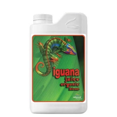 Frasco branco com rótulo verde com iguana colorida e texto iguana juice organic bloom