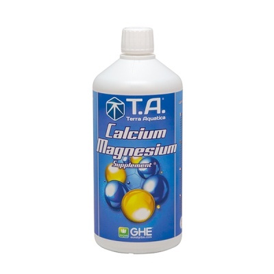frasco plástico branco com rótulo azul T.A. Calcium Magnesium