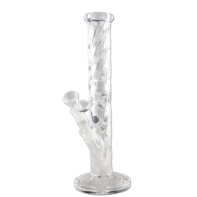 Bong de vidro transparente com padrão espiral, base circular.
