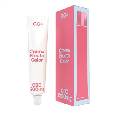 Creme efeito calor em tubo e caixa com texto GG+ CBD 1200mg