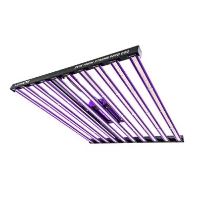 Luminária LED grow com tubos roxos e estrutura preta retangular