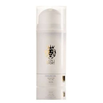 Frasco branco de gel refrescante LION SPORT com tampa translúcida e logótipo de leão