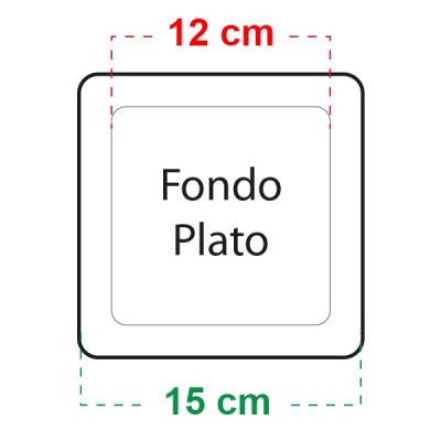 Imagem gráfica de prato quadrado branco com texto Fondo Plato e medidas 12 cm e 15 cm.