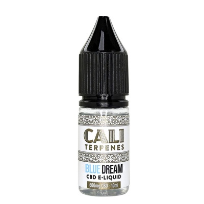 frasco pequeno transparente para líquido CBD com tampa preta e rótulo CALI TERPENES BLUE DREAM