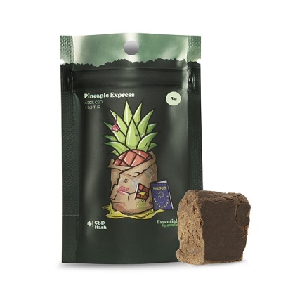 Embalagem de CBD Hash Pineapple Express preta com desenho de ananás e bloco de resina castanha