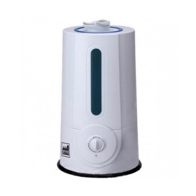 Humidificador de ar branco cilíndrico com janela transparente e botão giratório