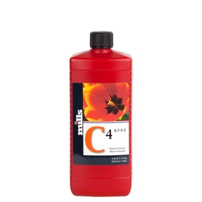 Frasco vermelho de adubo para plantas com etiqueta mostrando flor laranja e texto miXLs C4