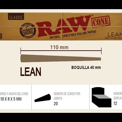 Embalagem de cones RAW Classic Lean para enrolar cigarros, cor bege com texto vermelho e preto.
