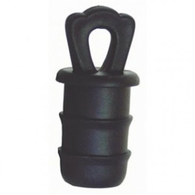 Tampão ou vedante preto de borracha com pega em forma de laço.