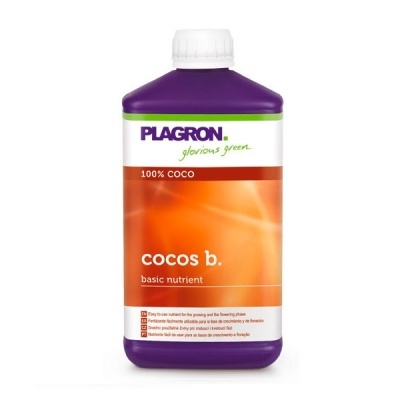 Frasco plástico roxo com tampa branca com rótulo branco e laranja do produto Plagron cocos b.