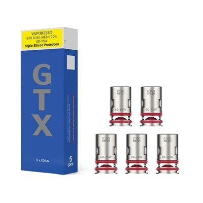 Cinco bobinas Vaporesso GTX 0,15Ω Mesh Coil e embalagem azul com texto GTX